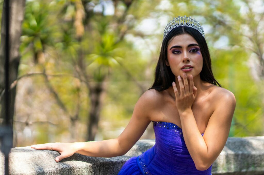 elegant latina woman in princess outfit outdoors