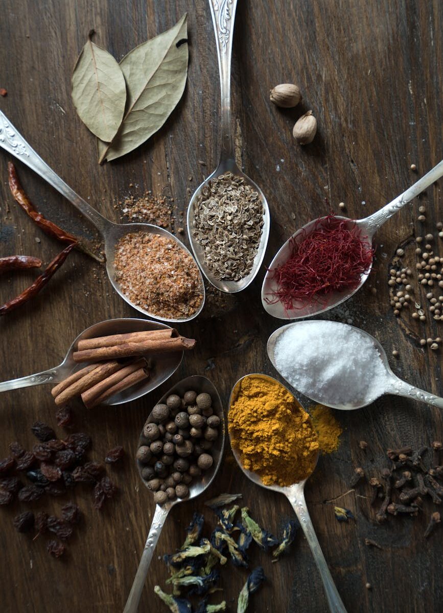spoons with various spices